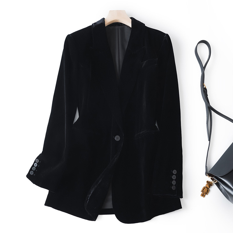 Imported Silk Black Swan Velvet Luxurious Glossy Spring Slimming Look Mid-Length Long-Sleeved Suit Jacket for Women