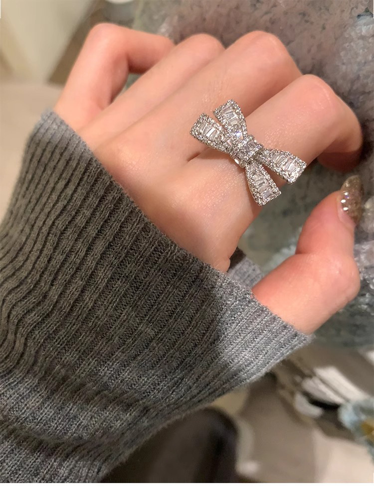 Sterling Silver Bowknot Zircon Ring For Women Adjustable Designer_voghion.com