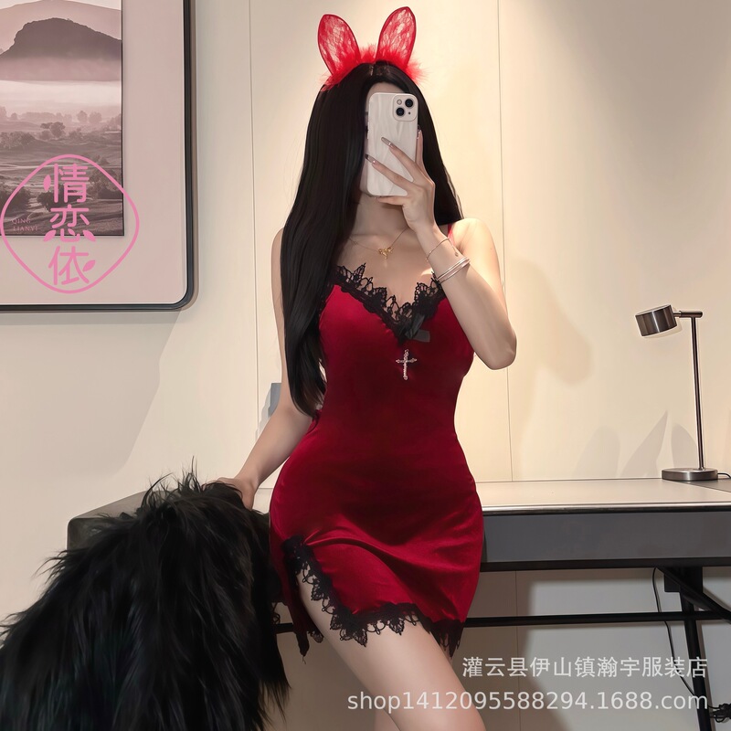 Christmas Clothing Atmosphere Wear Velvet Belt Red Dress Women's Autumn and Winter Suit Party Dress