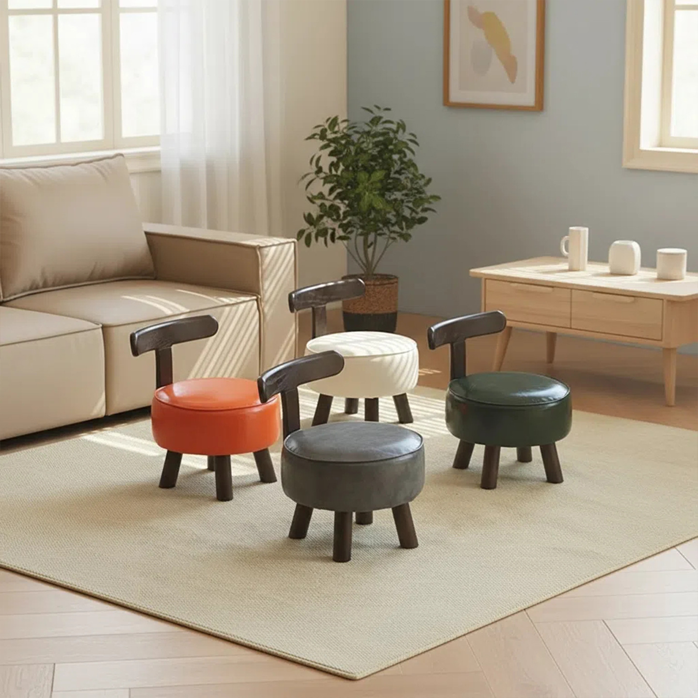 Single Sofa Chair Solid Wood Shoe Changing Stool Small Apartment Living Room Rotating Adult Sitting Backrest Leisure Chair Round Chair