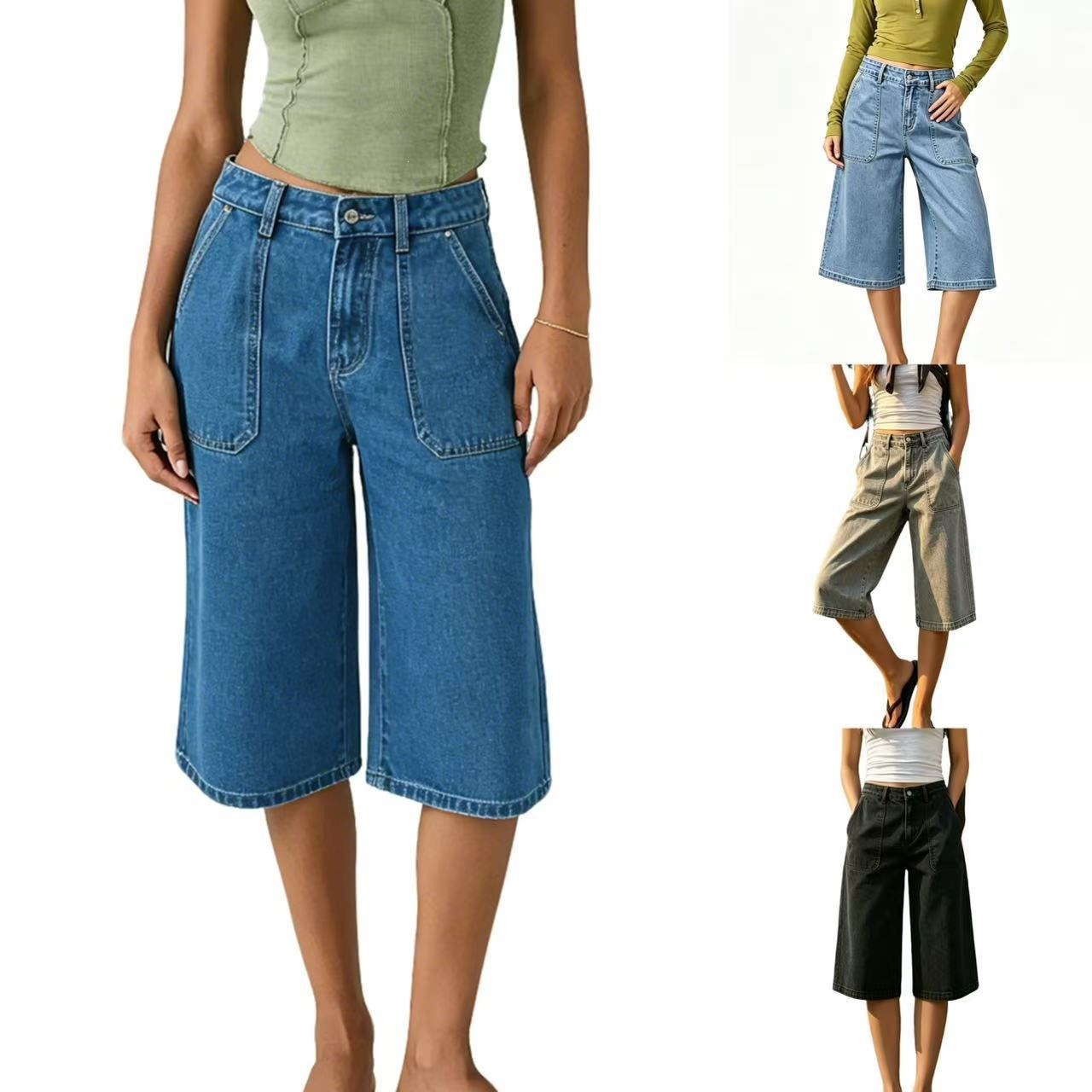 New European and American Summer Style Women's Cropped Wide-Leg High-Waisted Loose Trendy Versatile Straight-Leg Jeans