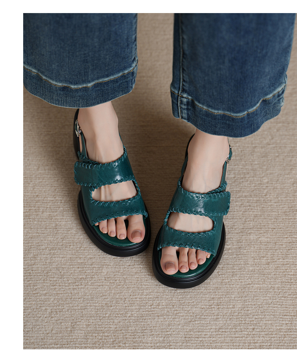 Sandal cao gót nữ hở mũi da bò gót vuông 8 cm đế dày — đen chi tiết 8