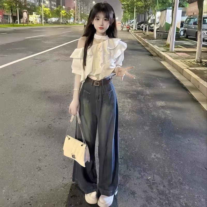时尚套装小众穿搭荷叶边露肩衬衫上衣 高腰牛仔阔腿裤两件套装女|undefined