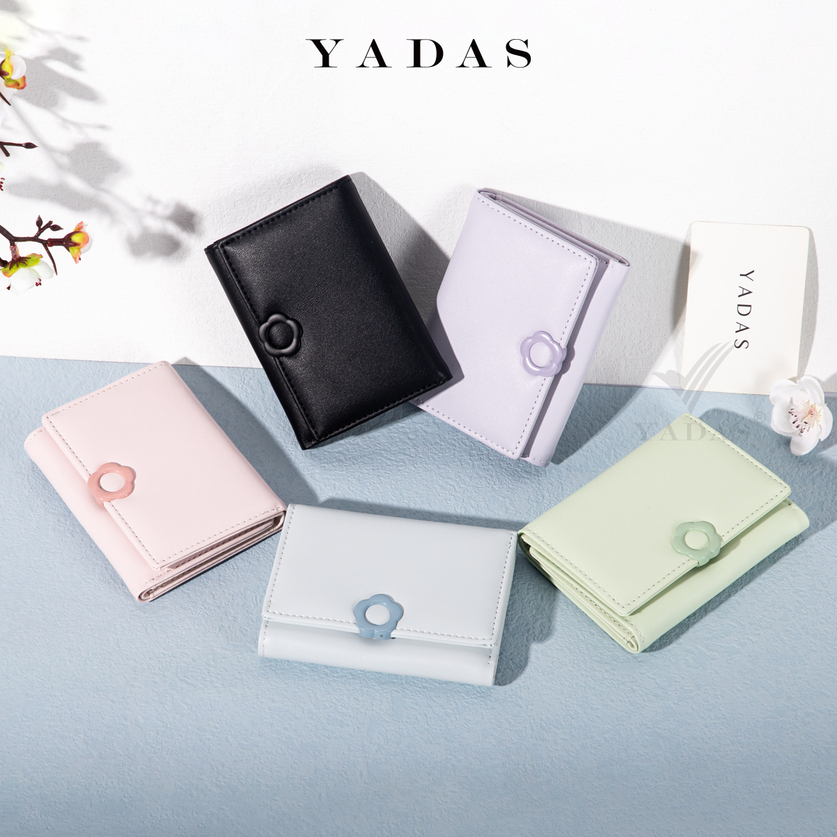 [Botón de flores] YADAS linda bolsa de tarjetas de dama hebilla de moda corta de cuero PU 30 billetera de cambio
