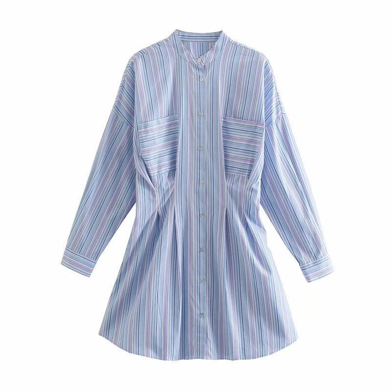 fashion pleated striped casual shirt dress NSAM43020