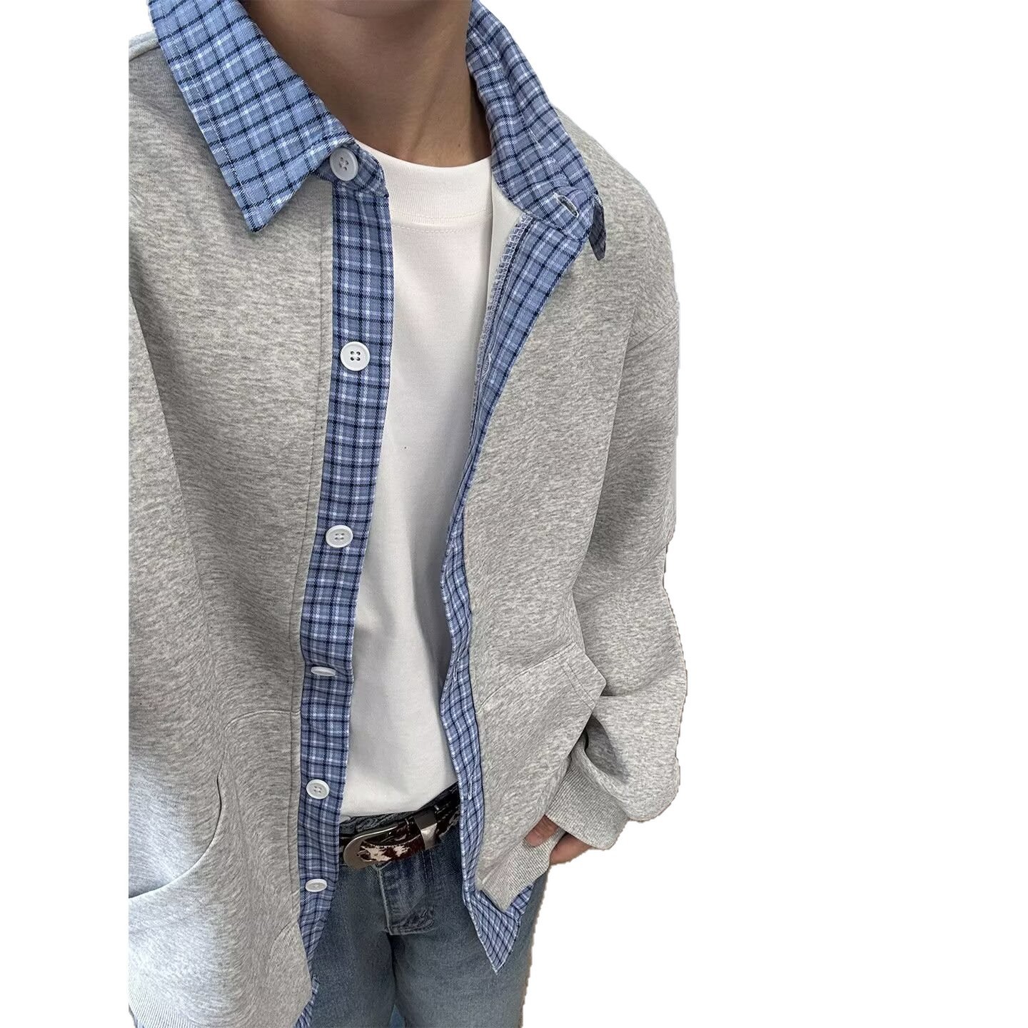 Falsación de dos piezas de camisa de mangas largas, abrigo de cuello, 2026 primavera, nuevo tipo de chaqueta de hombre, marca de moda, contraste de color de personalidad