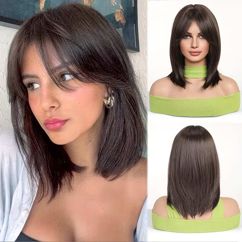 Cross-Border Fashion Breathable Synthetic Hair Wigs for Women, Medium-Length Hair with Bangs, Collarbone-Length Hair, Wholesale from Manufacturer Cross-Border Fashion Breathable Synthetic Hair Wigs for Women, Medium-Length Hair with Bangs, Collarbone-Length Hair, Wholesale from Manufacturer