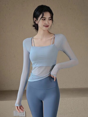 Yoga women's autumn and winter mesh two-piece sport top with breast pad, long sleeve outerwear for running training fitness clothing