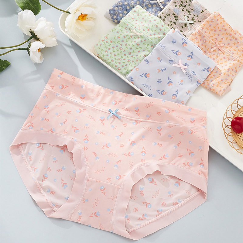 Ice Silk Underwear Women's Summer Printed Girl's Cute Japanese Comfortable Mid-Waist Breathable Wormwood Antibacterial Underpants