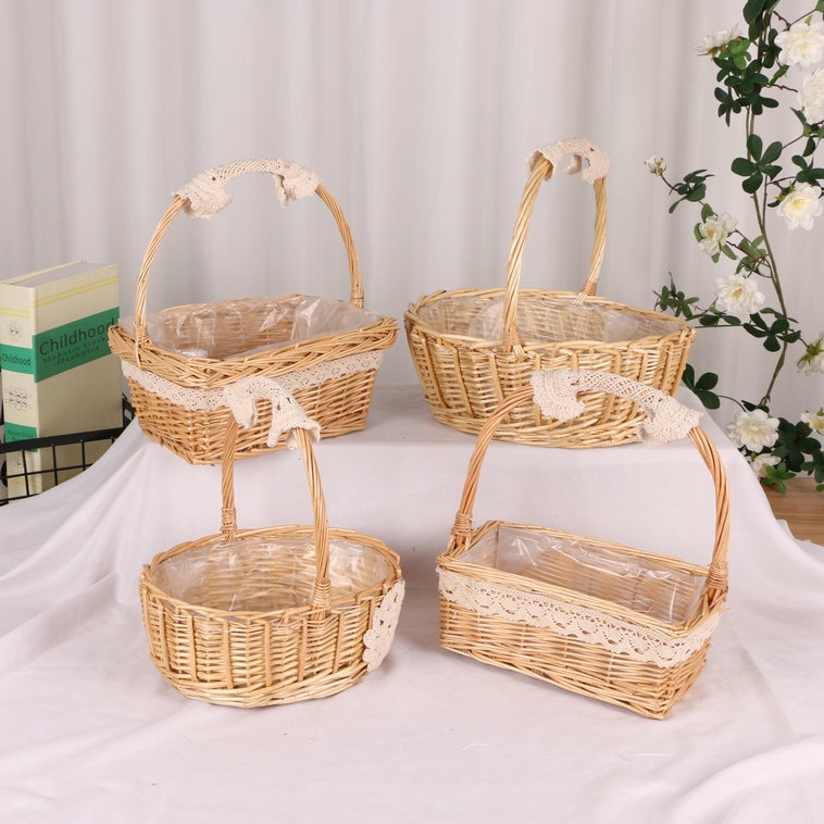 Encaje Mini encaje princesa cesta sauce Vine hierba olla tejida verde rosa flor niños foto cesta mano regalo cesta de flores de mano