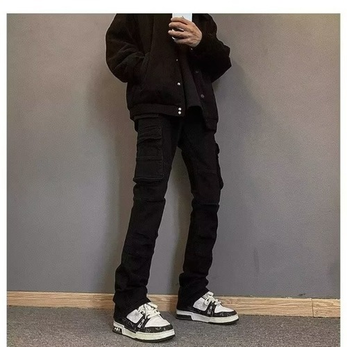 Straight-leg, slightly flared, plus-size workwear pants—unisex, American-style retro casual trousers with a low-rise, pear-shaped fit