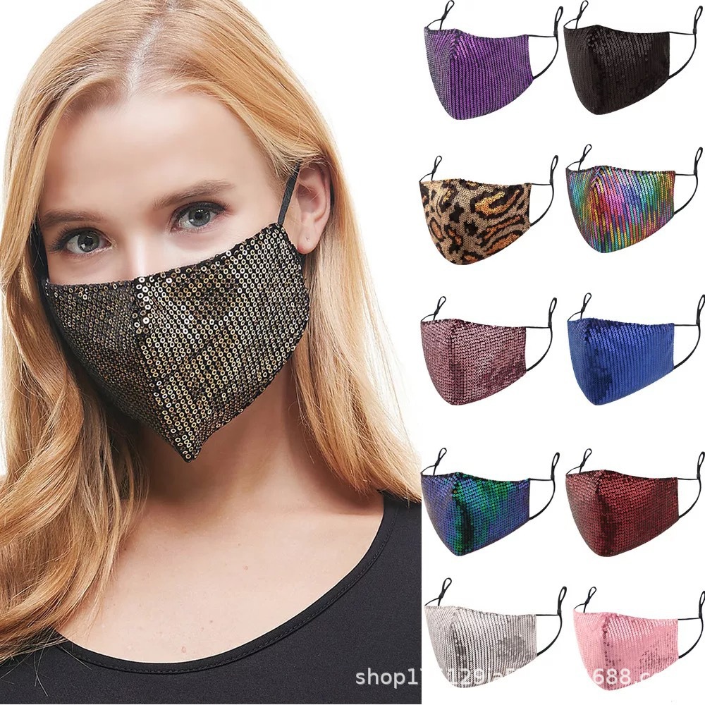 Cross-Border Foreign Trade European and American Sequin Masks for Adults, Fashionable Adjustable Dust-Proof Breathable Face Masks, Leopard Print Colorful Sequins for Women