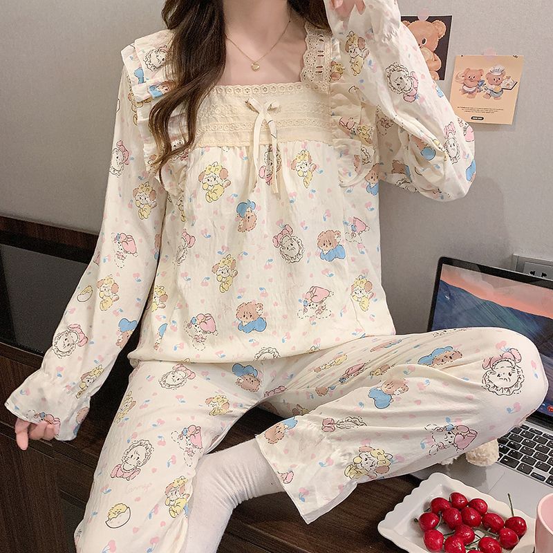 Al por mayor transfronterizo de otoño pantalones de mangas largas pijamas de mujer ropa de hogar de color sólido de dibujos animados encaje cojín de pecho princesa viento