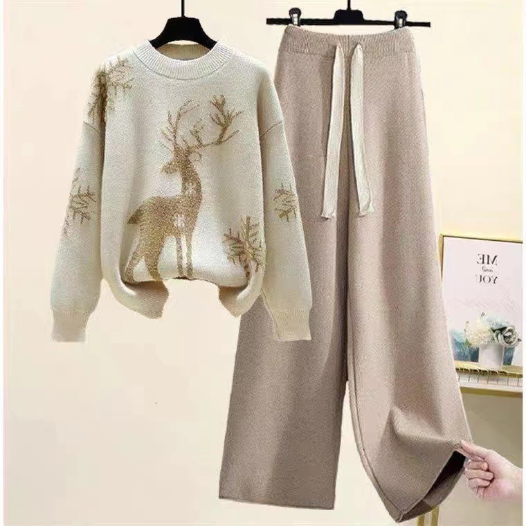 Damenbekleidung Große Herbst- und Winteranzüge für Damen, neue Strickpullover im Lazy-Style für Damen, schmale Freizeithosen, zweiteilige Anzüge_voghion.com