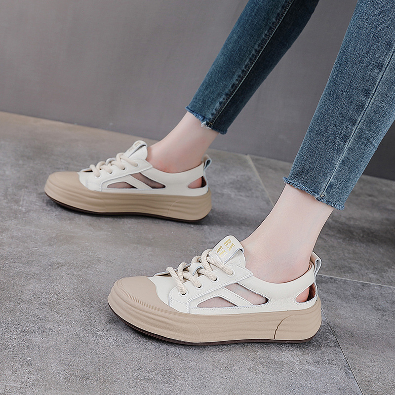 Dép sandal nữ mũi nhọn da bò thật, quai chữ V đế dày thể thao — trắng