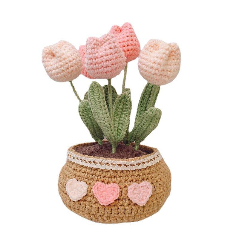Tejido a mano DIY tulipán margarita en maceta ramo de flores lana ganchillo material paquete de flores decorativas caseras