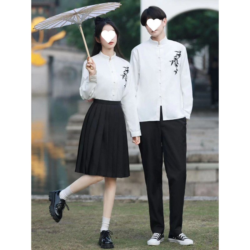 Summer Han Dynasty Chinese Style Ink Bamboo Embroider Choir Performance Clothing Junior High School Students Poetry Recitation School Uniform Class Uniform Suit