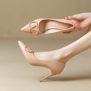 Nude High-Heeled Shoes for Women 2024 New Design Niche French V-Button Pointed Elegant Skirt That Does Not Grind Their Feet