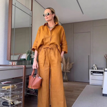 跨境欧美女装2025秋新款时尚高级感系带长裤休闲衬衫时尚棉麻套装