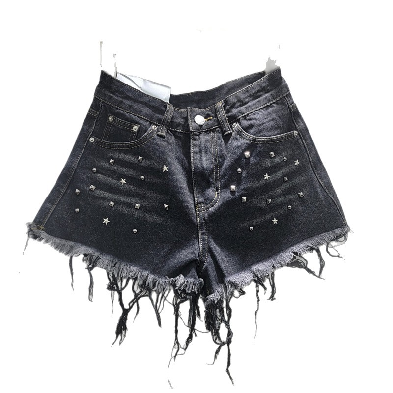 Pantalón Corto de Mezclilla con Remaches para Mujer de Cintura Baja con Bordes Deshilachados para Verano