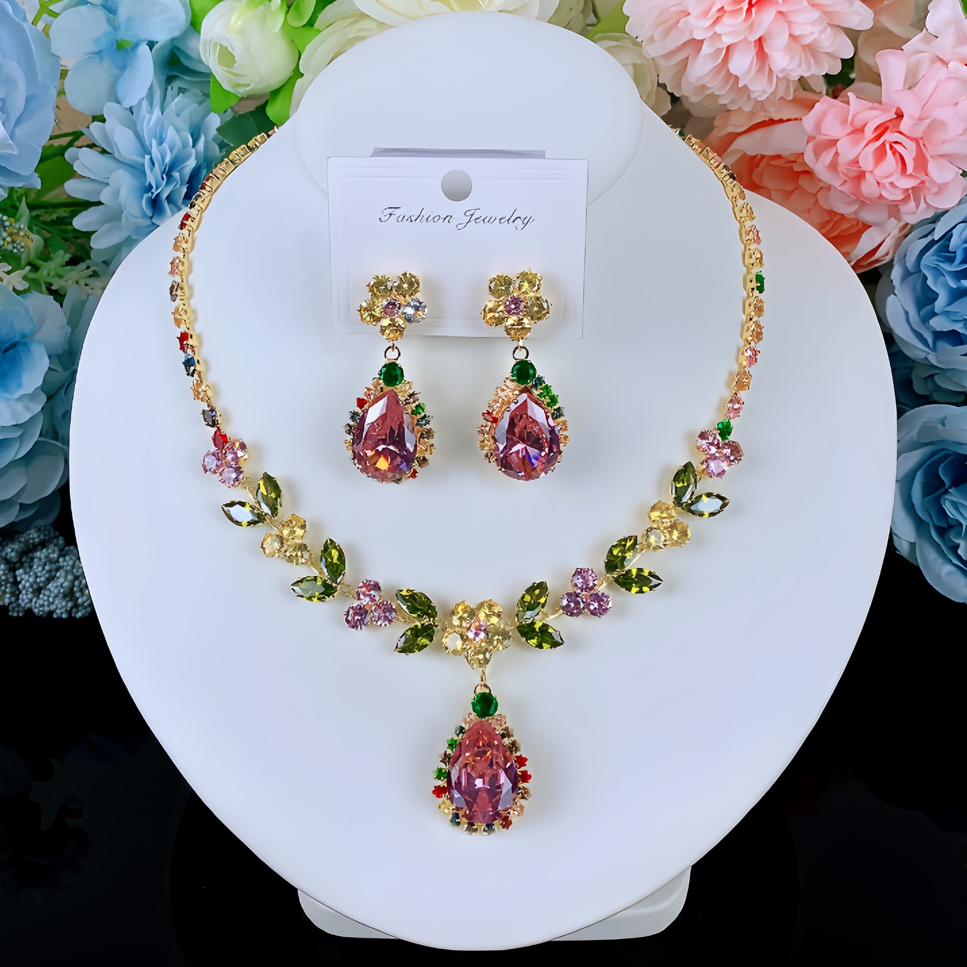 Collar de color de la industria pesada amazona orejas joyas set de moda de lujo vestido de novia cena joyas de zircon mujer image 46