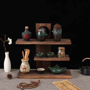 Small Multi-Layer Desktop Solid Wood Retro Tea Set Ornaments Storage Rack Display Rack Household Tea Cup Rack Teapot Rack