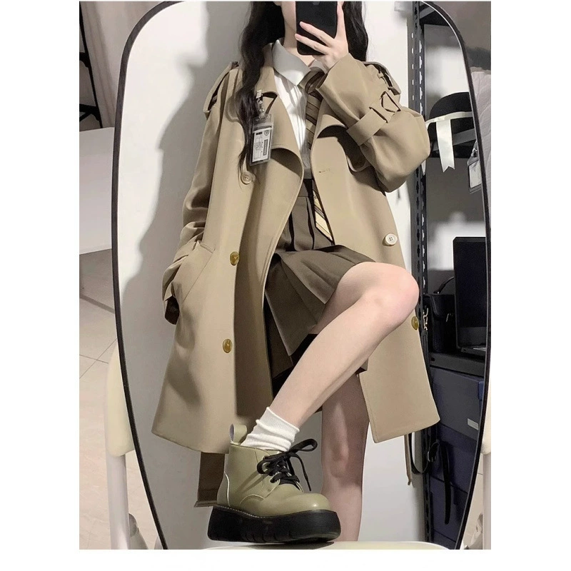 Осеннее черное короткое trench coat, для подростков, корейский стиль, стиль высокого качества, британский стиль, средняя длина