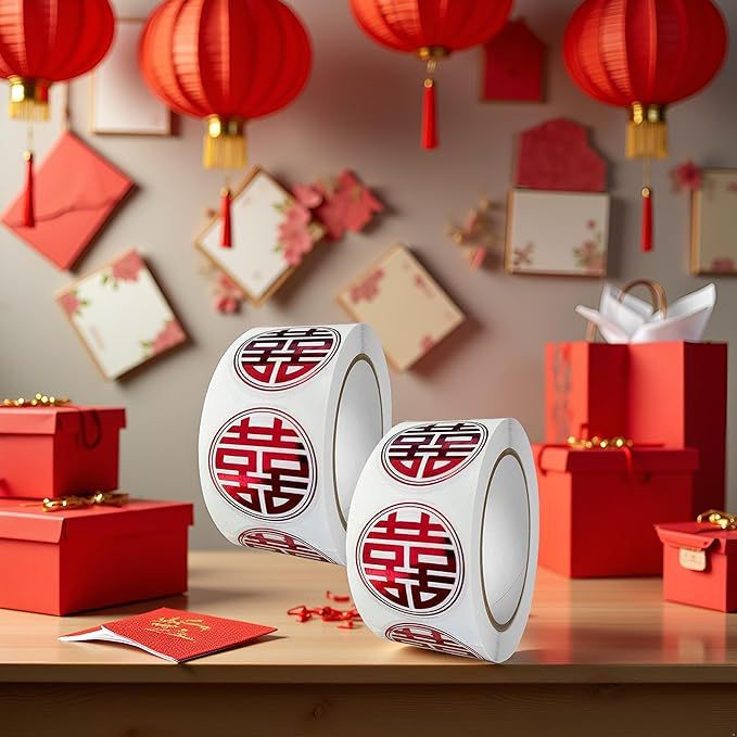 圆形中国红色双喜卷贴纸用于信封婚礼装饰用品信封卡片礼品袋