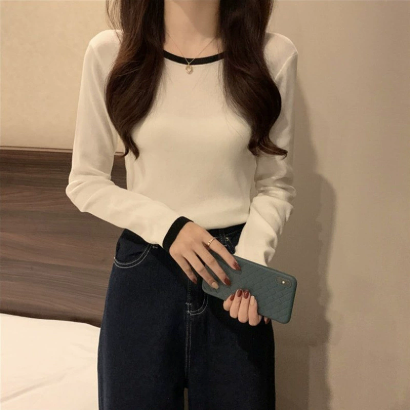 Футболка с круглым вырезом, облегающей тело с длинными рукавами, женский костюм, нижняя рубашка, весна и осень, тонкий 2024 новый трикотажный топ