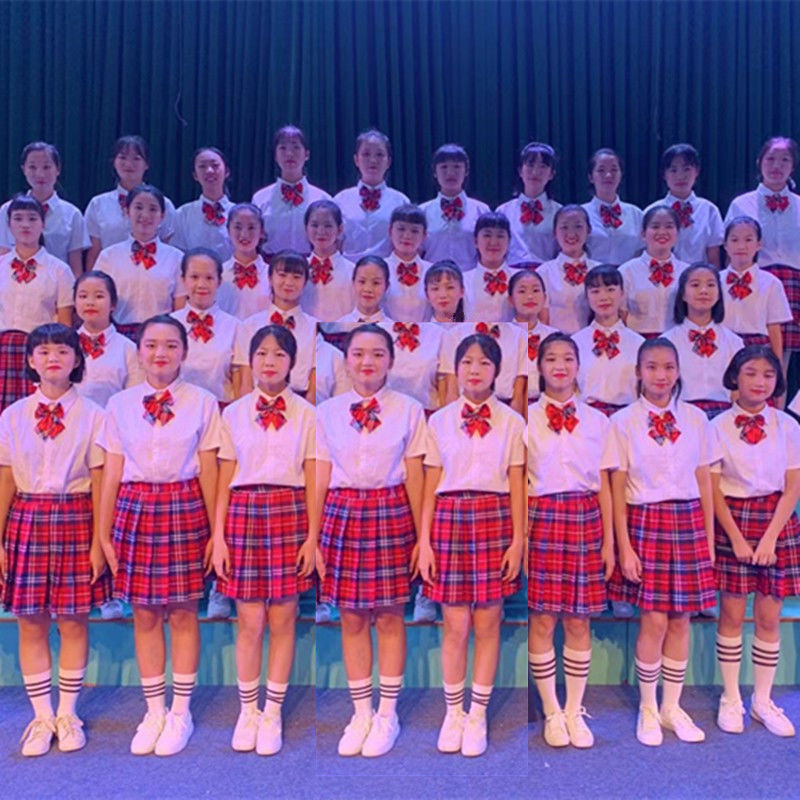 Preppy Style Performance Clothing Student School Uniform Shirt Skirt Plaid Skirt Pleated Skirt Red Chorus Poetry Recitation Clothing