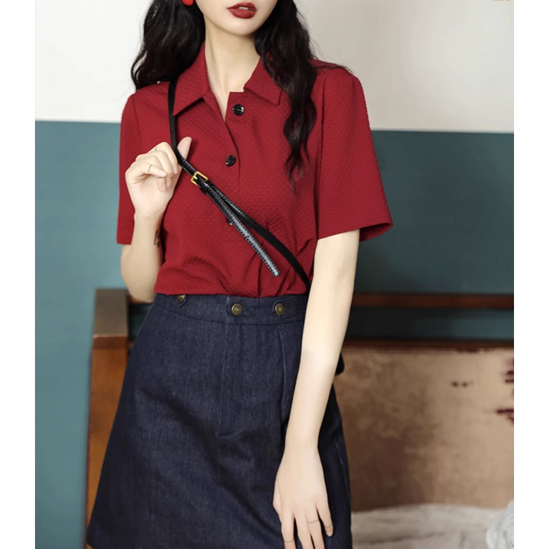 Hong Kong Style Vintage Summer wine red POLO Collar Straight Loose regular T-Shirt Small Women's Top