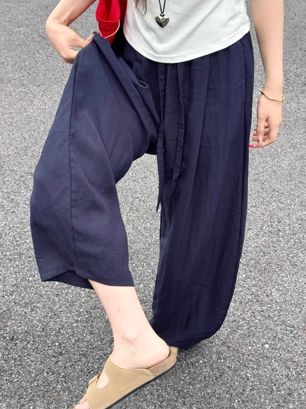 藏青色弯刀裤女夏季薄款2025新款高腰垂感宽松休闲天丝亚麻阔腿裤|undefined