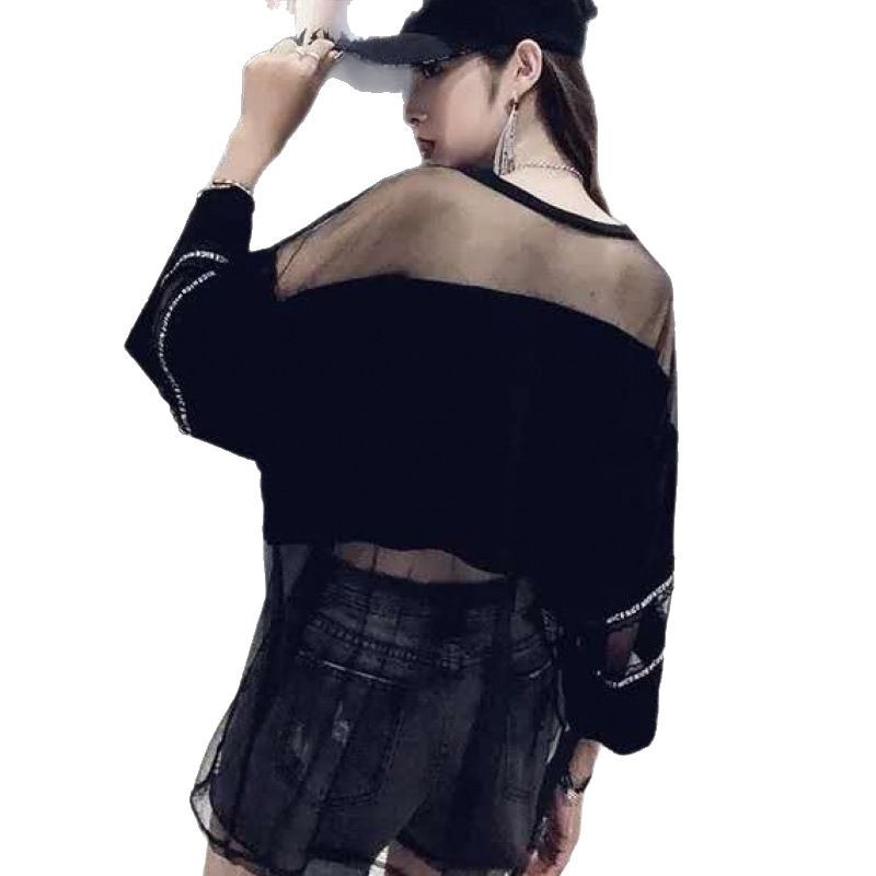 拼接网纱T恤女2025夏季新款街头嘻哈性感防晒宽松酷酷黑色上衣潮