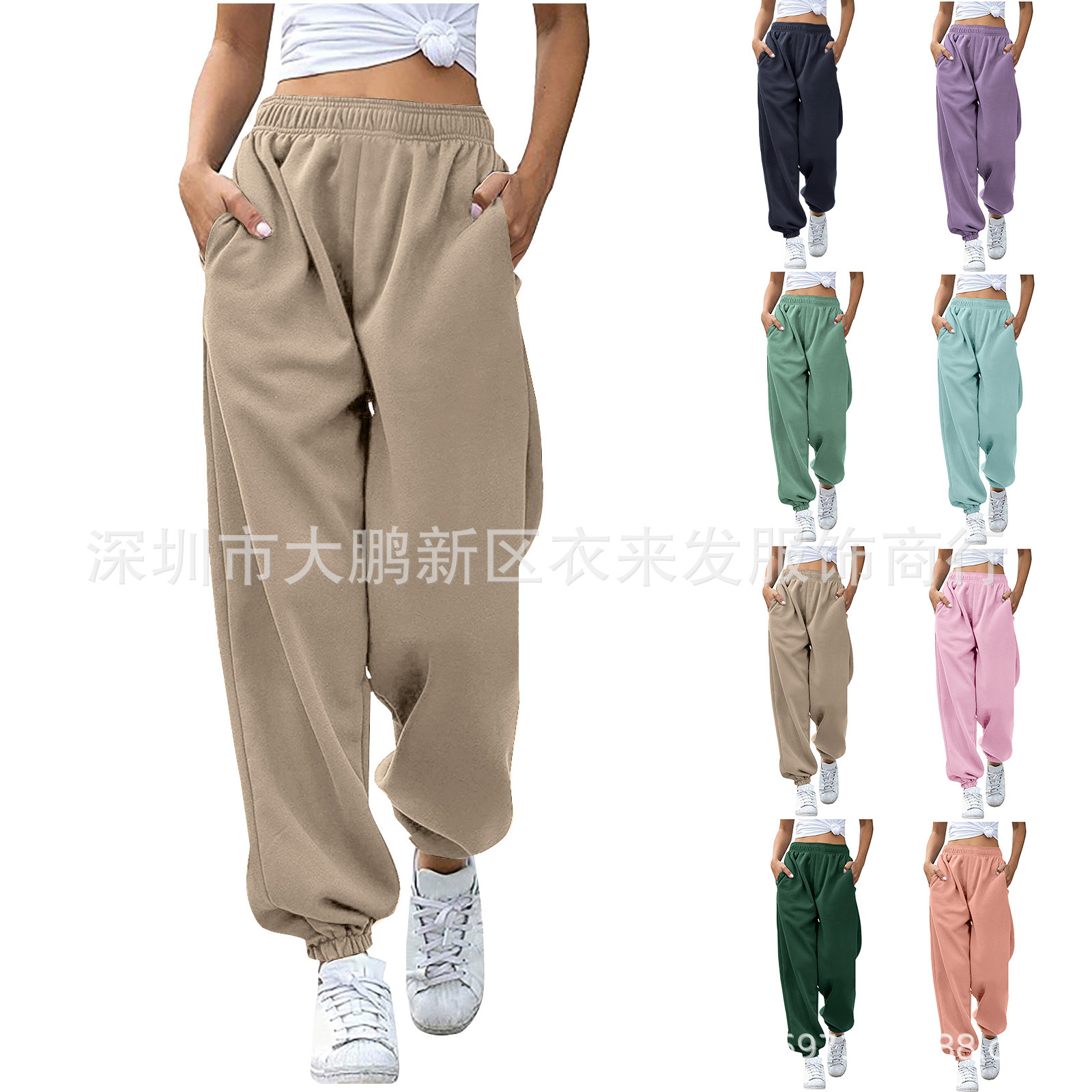 亚马逊2023女式高腰宽松运动裤舒适高腰无抽绳休闲卫衣裤带口袋