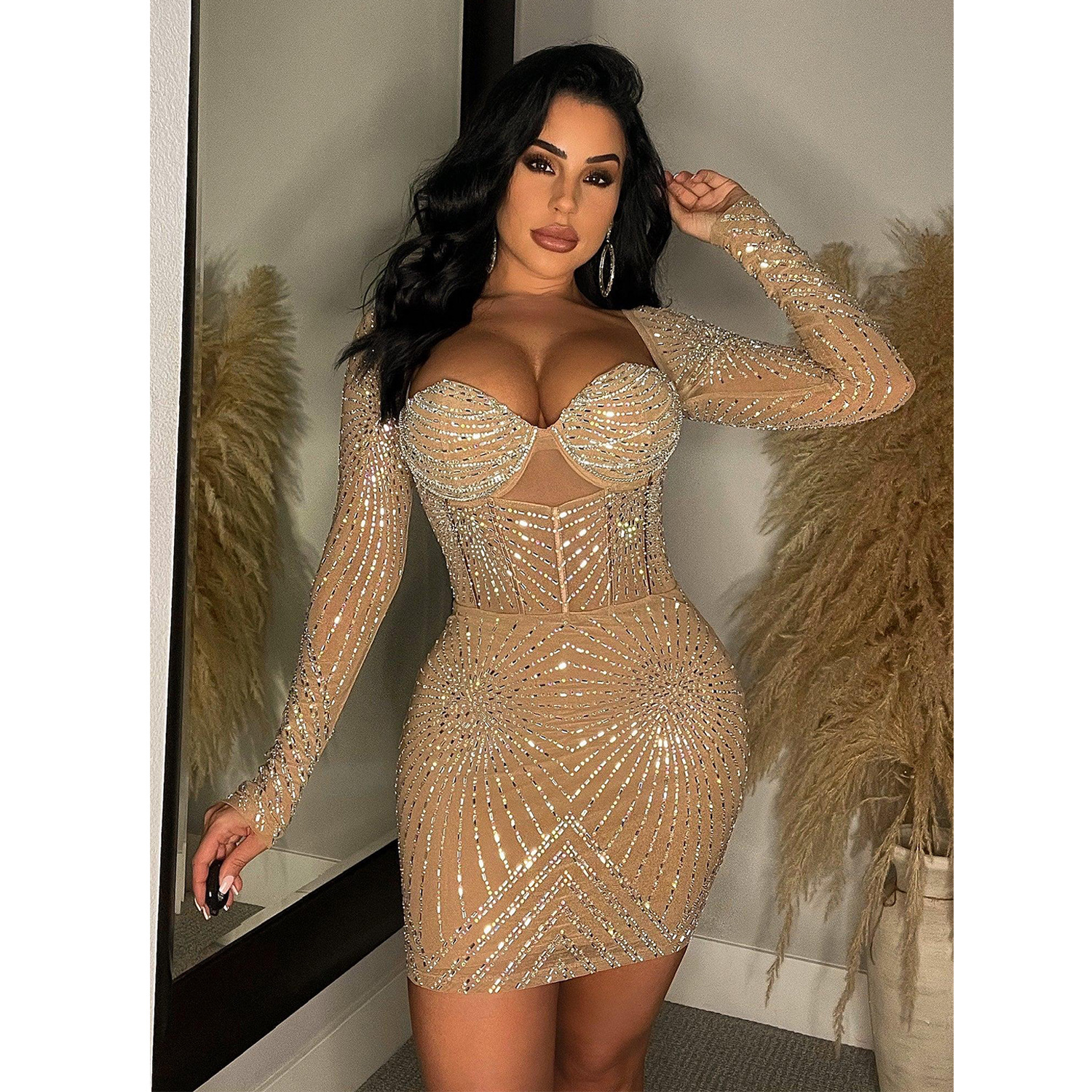 C6243 transfronterizo AliExpress Amazon Europa y América moda de las mujeres de color sólido de malla perforación en caliente de manga larga vestido de falda corta image 5