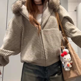 美式复古条纹秋冬季毛领连帽卫衣外套新款宽松休闲百搭开衫女生款