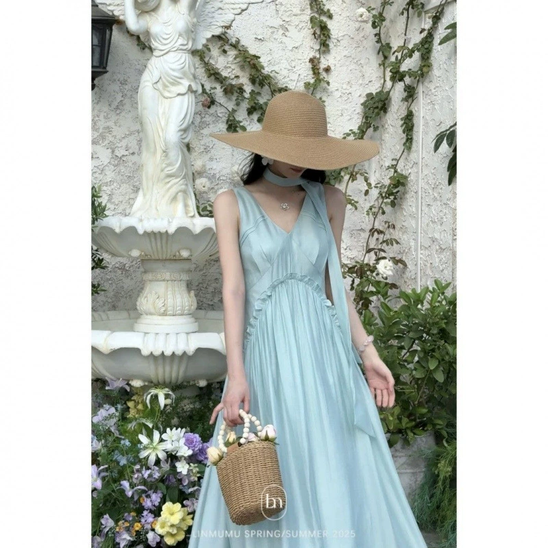 Элегантное синее платье в стиле французского моря с воротником-стойкой, летнее новое длинное платье мятного цвета, мамбо, для отпуска 2025 года.