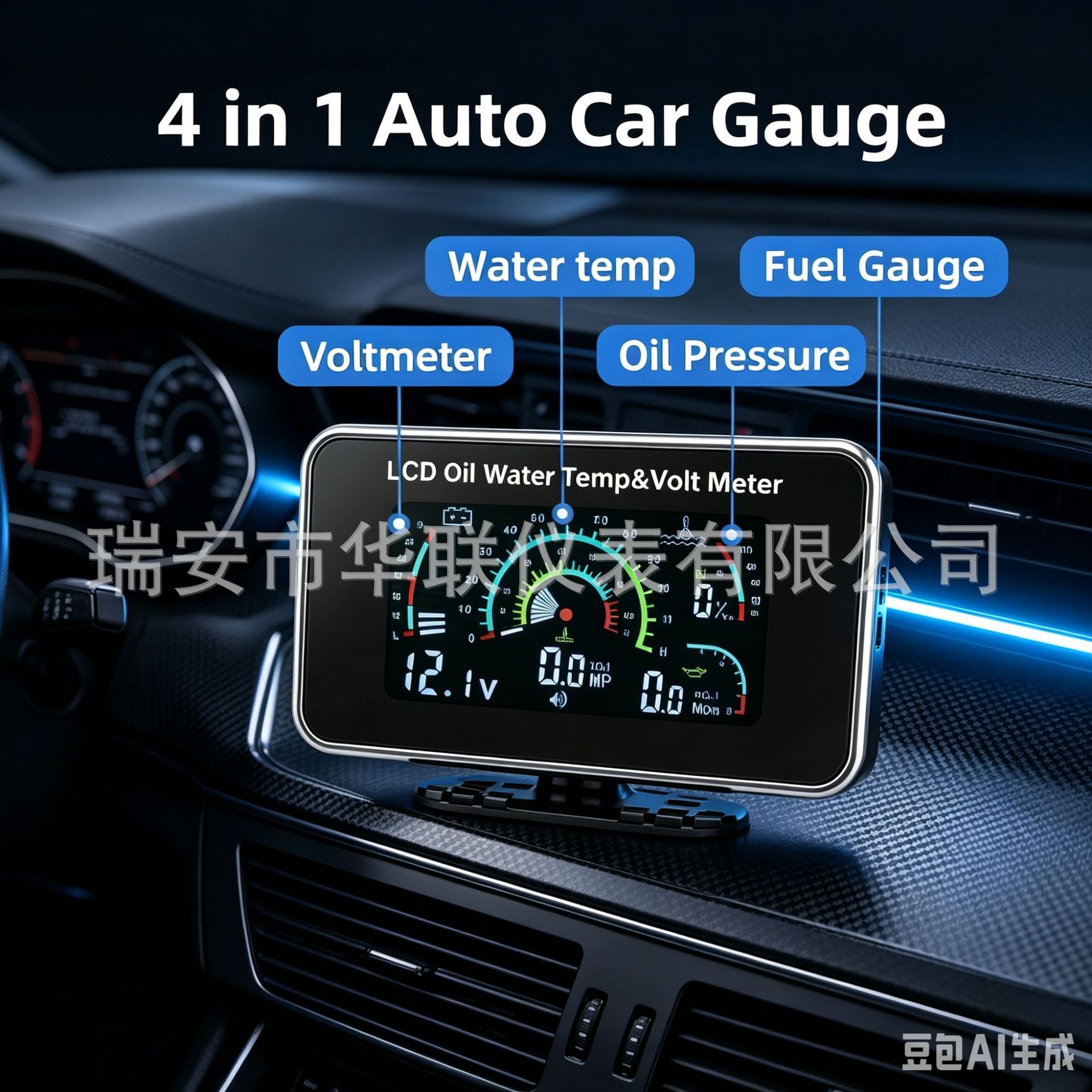 Cross-border best-selling 12V/24V universal modified LCD electronic display for cars and trucks, showing oil, water temperature, voltage, and oil level in one device