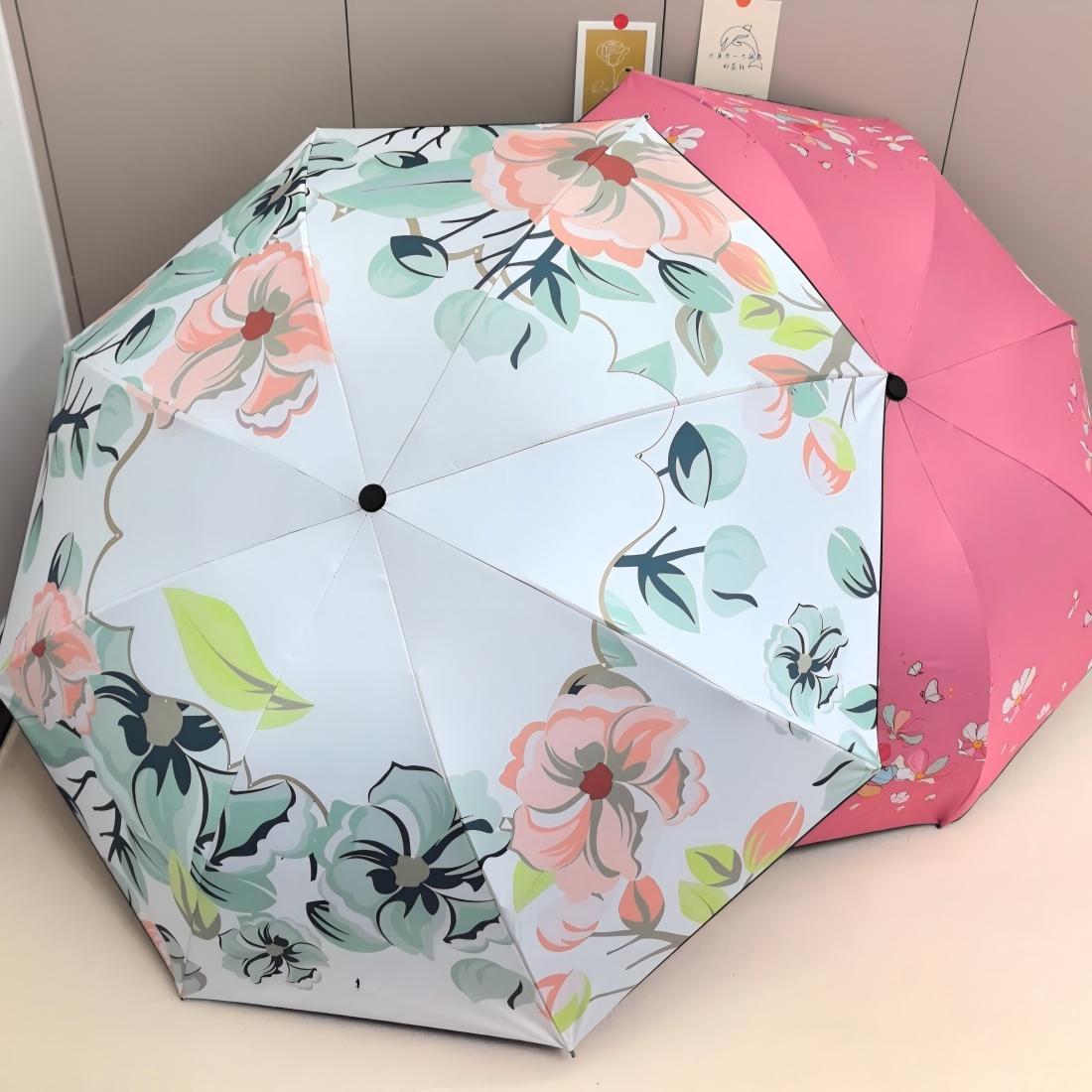 Sombrilla, de doble propósito para sol y lluvia, serie de flores, sombrilla plegable con revestimiento negro para protección solar.