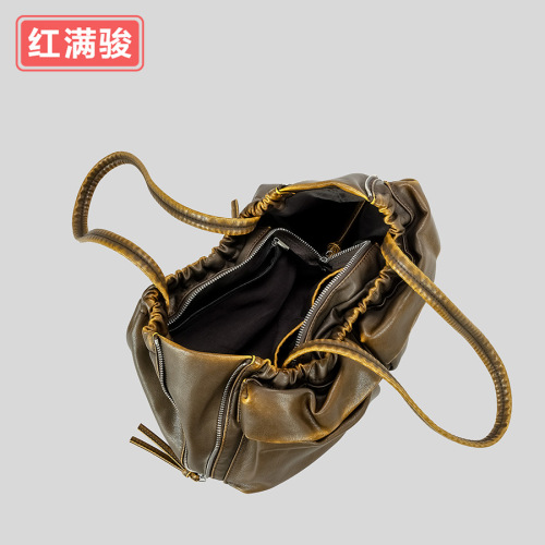 Large Capacity Multi-Pocket Crossbody Bag for Women, Vintage Distressed Color Soft Leather Motorbike Bag, Unique Creased Tote Bag, Cross-Border