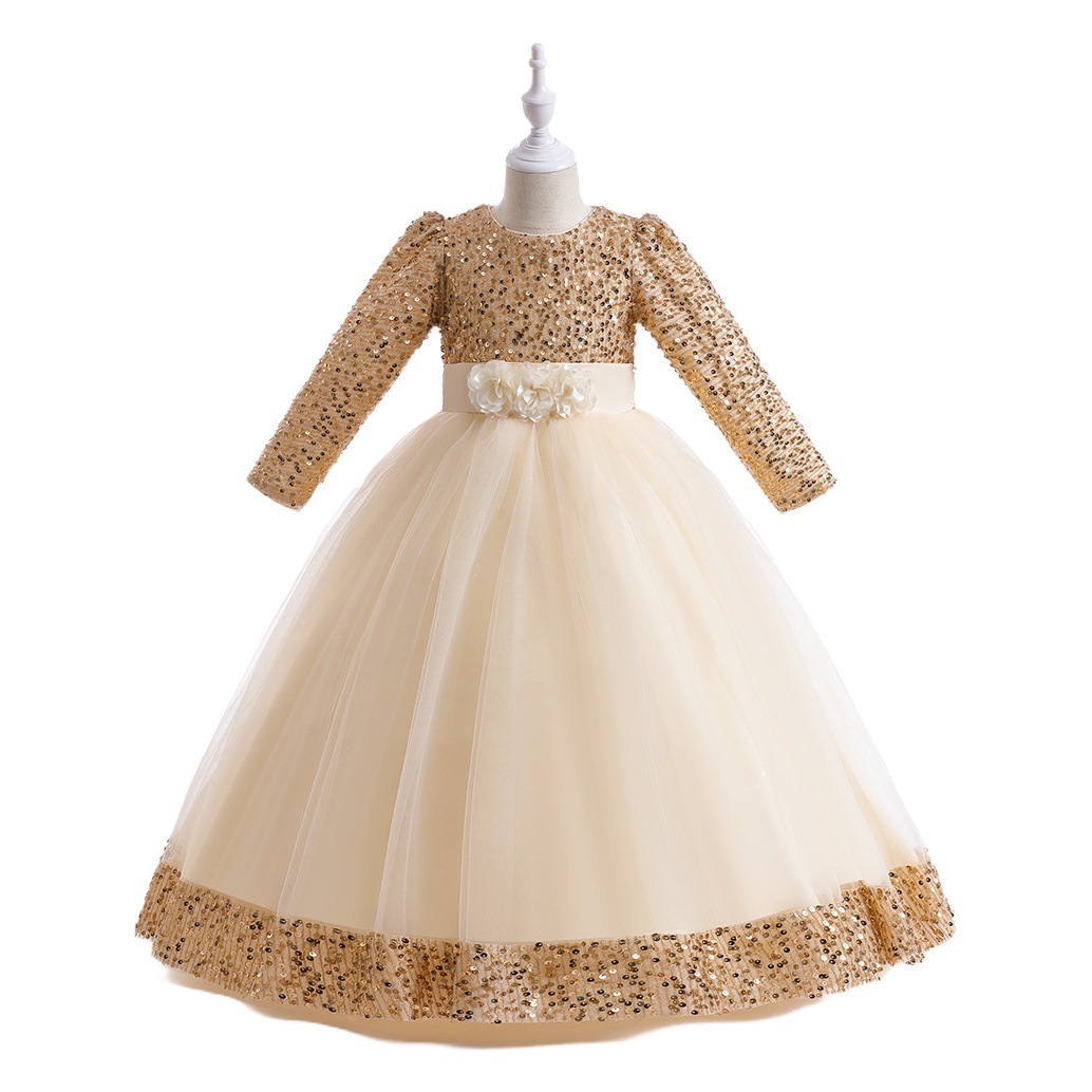 Amazon medio y grandes niñas fiesta pasarela vestido Banquete de los niños de Navidad malla de lentejuelas vestido de princesa de manga larga