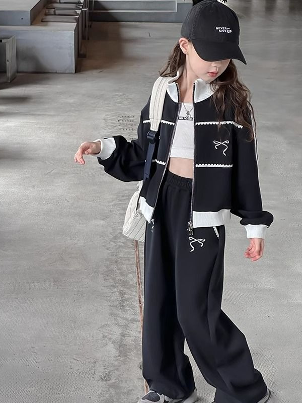 Girls' Casual suit 2025 Spring New Big Boy Korean Casual Cardigan Jacket Wide Leg Pants Fashion Two-piece Set