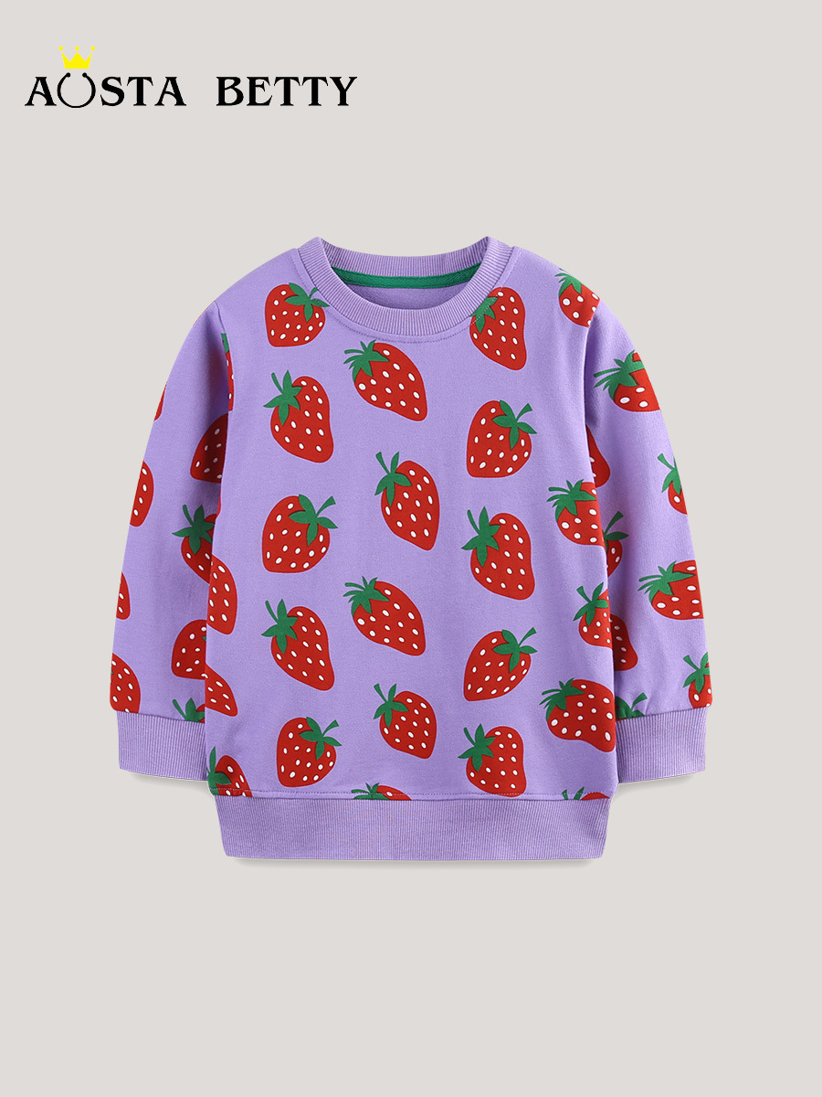 26 otoño nuevo estilo europeo y americano ropa infantil dibujos animados impresión de fresa camisa de cuello redondo para niñas camisa de base casual transfronteriza