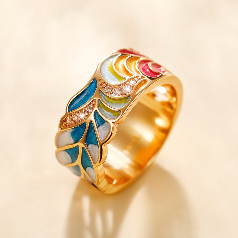 Retro Leaf Copper Enamel Zircon Rings display picture 5