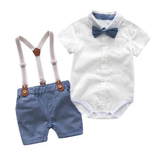 Baby boys' summer two-piece set: crawling suit, turn-down collar gentleman's white shirt, suspenders, bow tie, formal attire, British style