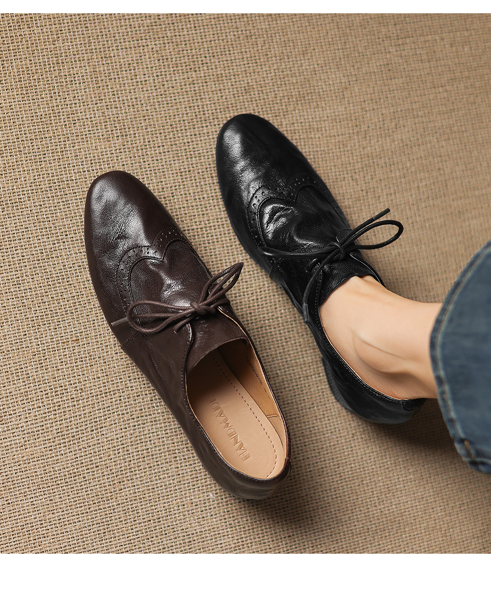 Giày loafer nữ da cừu buộc dây phong cách vintage, gót thấp vuông — màu nâu chi tiết 5