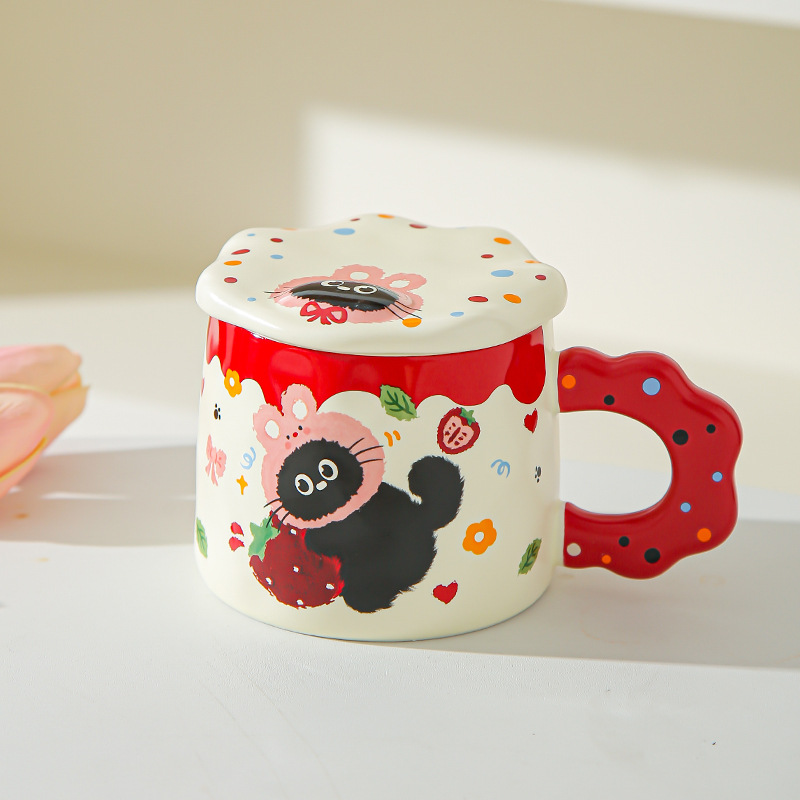 Con cubierta encantador conjunto de dibujos animados gato negro tazas de alto valor pareja tazas de cerámica tazas de agua marca regalo acompañante