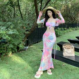 复古油画风裙式分体半身裙带胸垫泳衣比基尼女长袖罩衫套装