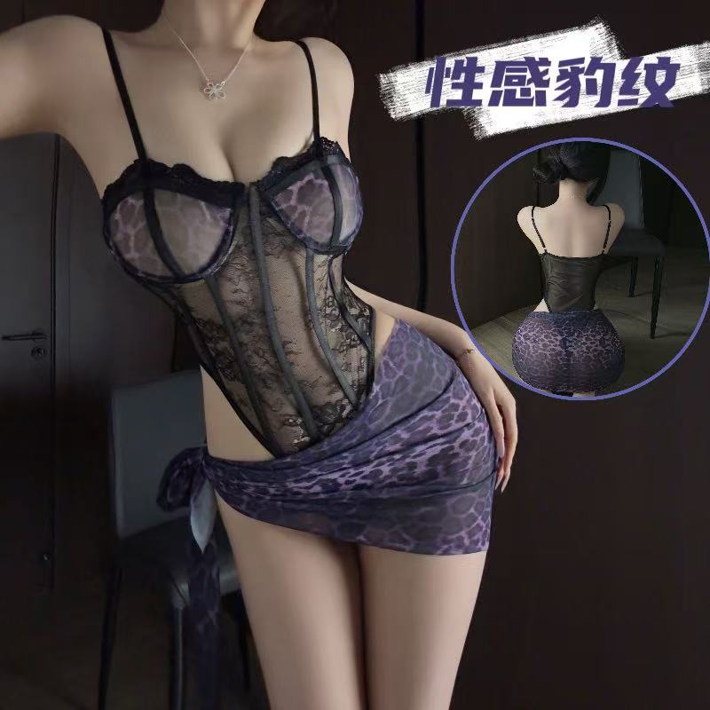 Leopard Print Lace See-Through Bodysuit Set with Underwire Camisole and Wrap Skirt — detail image 1
