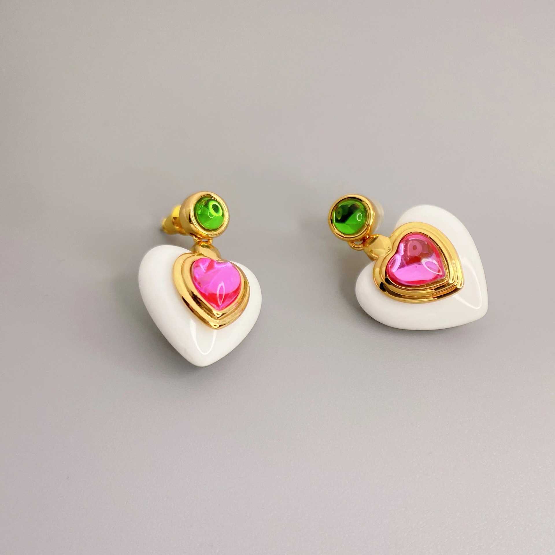 1 Pair Sweet Heart Shape Inlay Copper Artificial Gemstones Drop Earrings display picture 1